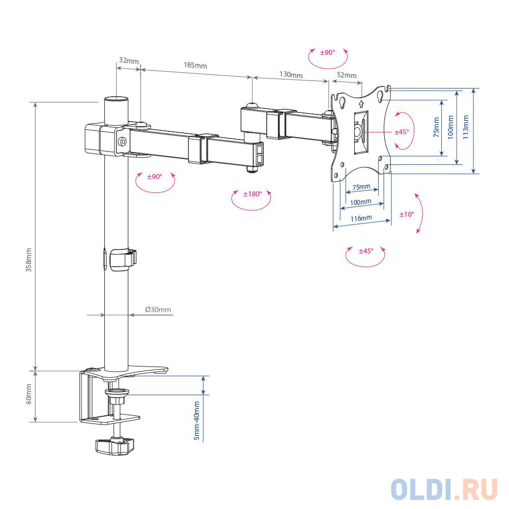 Кронштейн для мониторов Arm Media LCD-T03 black 15"-32", max 7 кг, 6 ст свободы, наклон ±10°, поворот ±90°, высота штанги 358 мм, max VESA 1