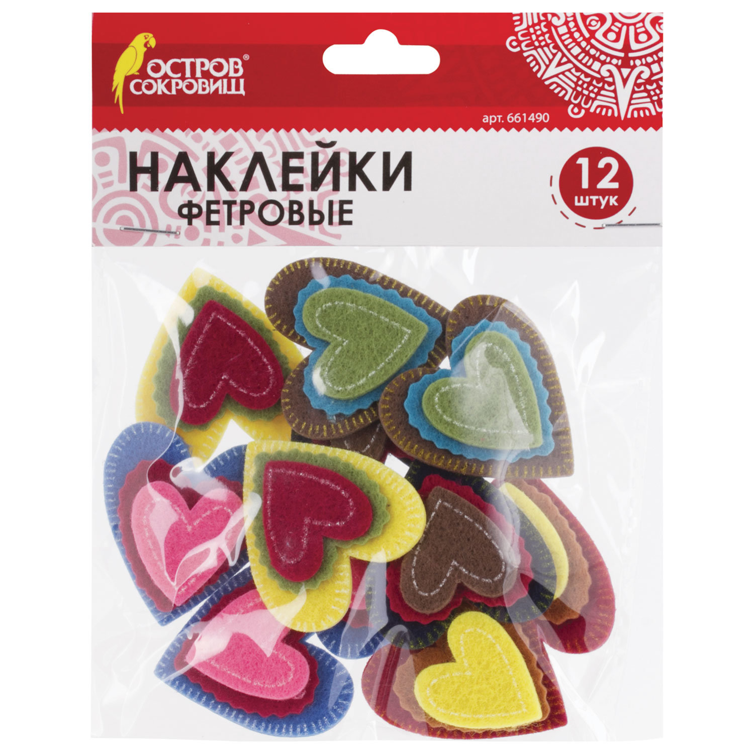 Наклейки из фетра Сердечки, 12 шт., ассорти, ОСТРОВ СОКРОВИЩ, 661490, (8 шт.)