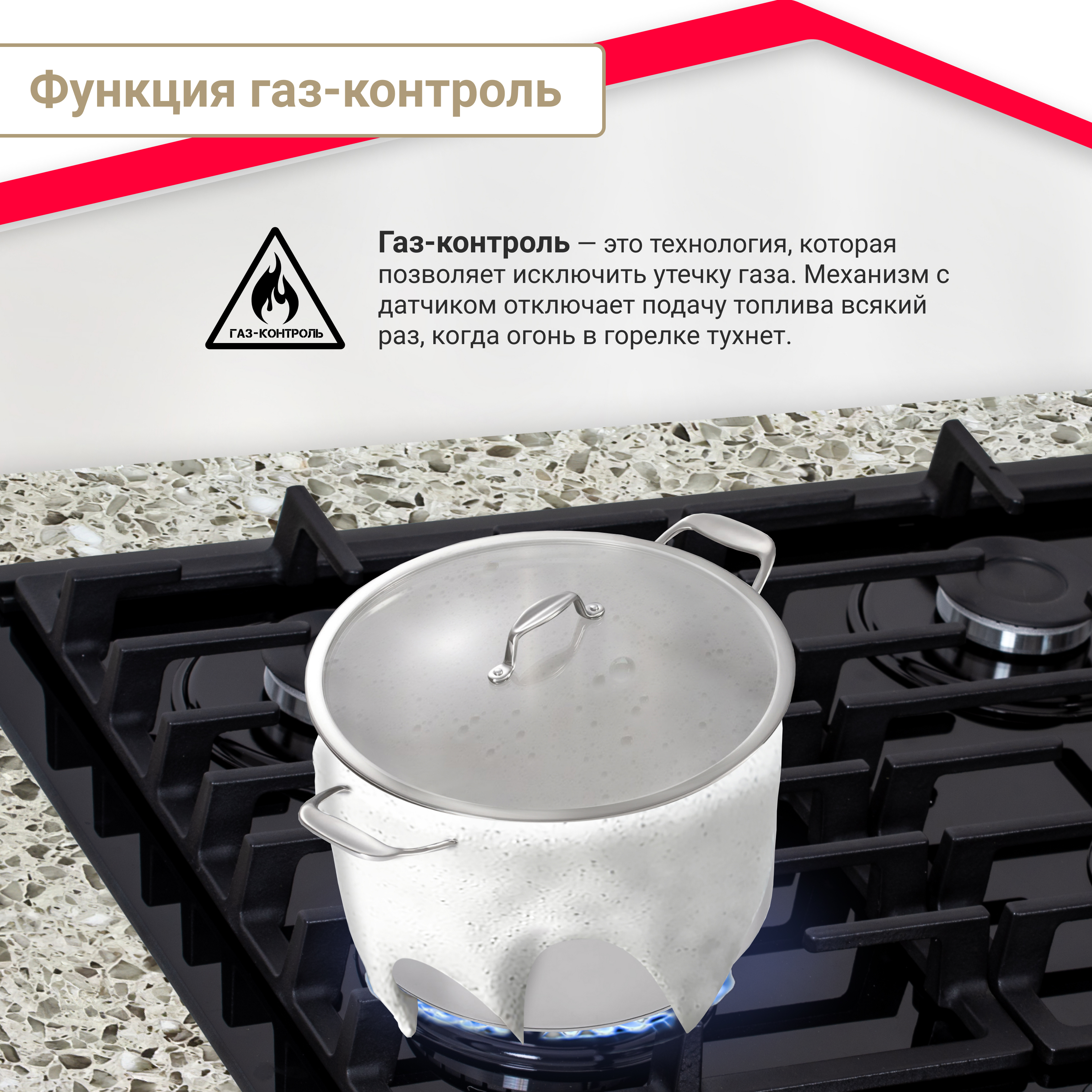 Газовая варочная поверхность Simfer H60H41S570 (газ-контроль, WOK конфорка, чугунные решетки, черное стекло)