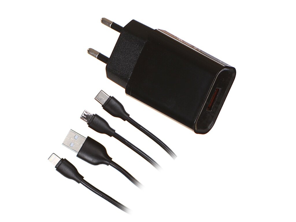 Сетевое зарядное устройство Red Line Tech USB QC 3.0 (модель NQC1-3A) + кабель 3в1, USB – microUSB + Lightning + Type-C, 2A, черный