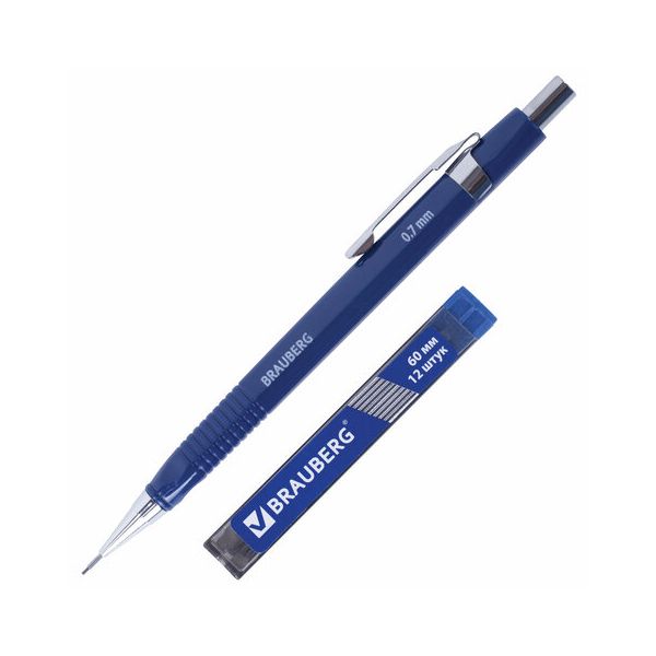 Набор BRAUBERG: механический карандаш, трёхгранный синий корпус + грифели HB, 0,7 мм, 12 штук, блистер, 180494, (6 шт.)