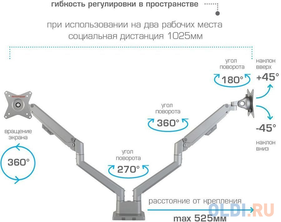 Кронштейн для мониторов Arm Media LCD-T36 серебристый 15"-34" макс.9кг настольный поворот и наклон верт.перемещ