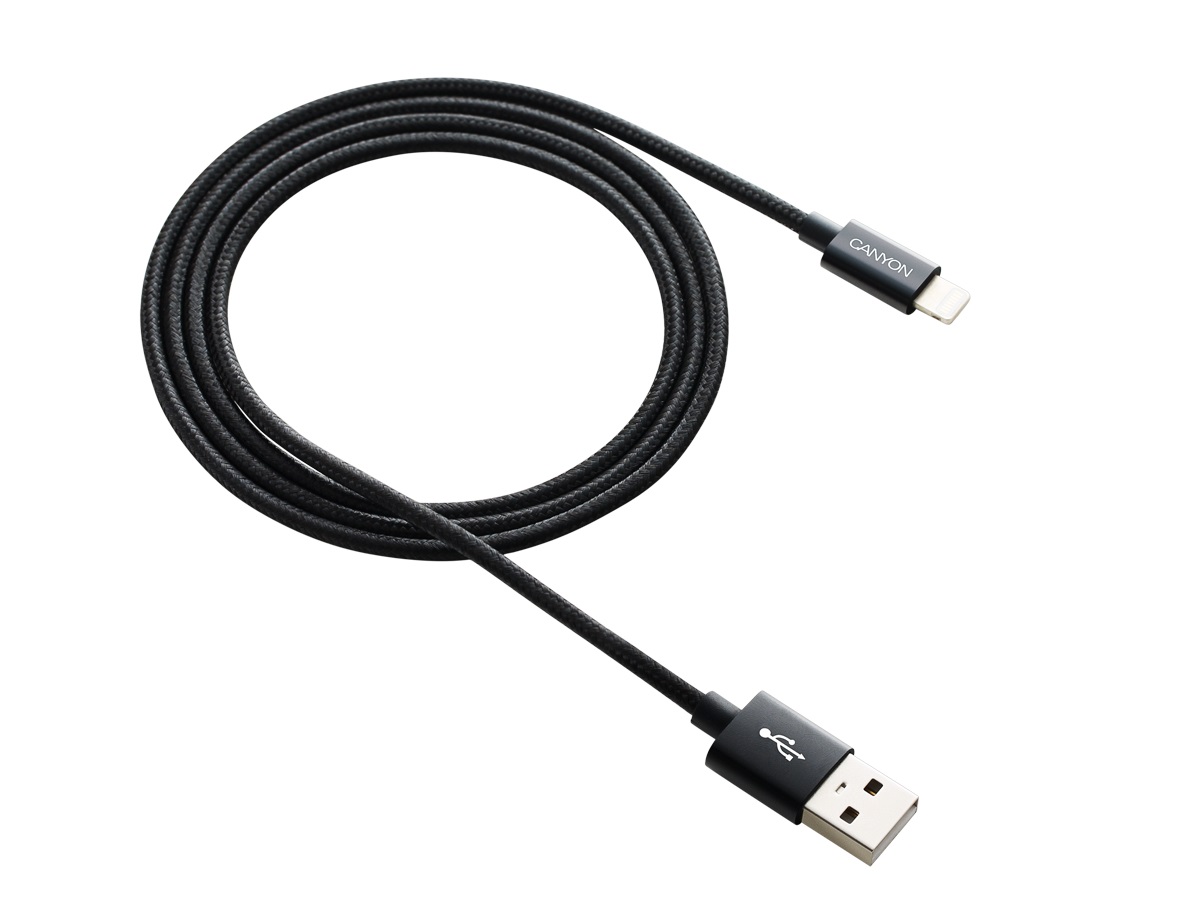 Кабель Canyon CFI-3, USB - Lightning 8-pin, оплетка нейлон, 1м, Черный CNE-CFI3B