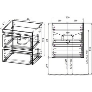 Тумба с раковиной Style line Даллас Люкс 53 (115L) подвесная, под стиральную машину, белая (2000949236919, 2000949102207) в Москвe