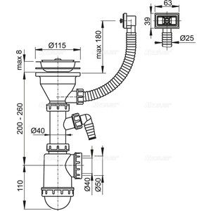 Сифон для кухонной мойки AlcaPlast с решеткой D115, c переливом и штуцером (A447P-DN50/40) в Москвe