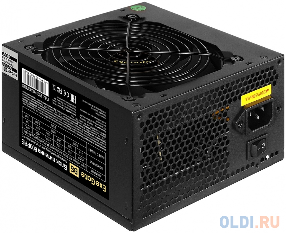 Блок питания 600W ExeGate 600PPE (ATX, APFC, SC, КПД 80% (80 PLUS), 12cm fan, 24pin, (4+4)pin, PCIe, 5xSATA, 3xIDE, FDD, black, кабель 220V с защитой