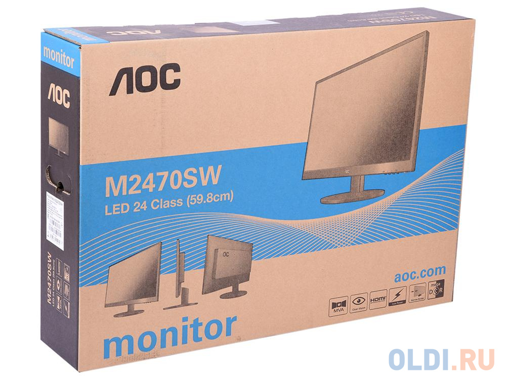 Монитор 23.6" AOC M2470SWH MVA, 1920x1080, 250 cd/m2, DCR 50M:1, D-Sub, HDMI*2, 1Wx2, Headph.Out, vesa