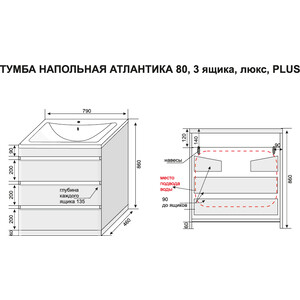 Тумба под раковину Style line Атлантика Люкс 80 3 ящика, бетон крем (2000949234373)