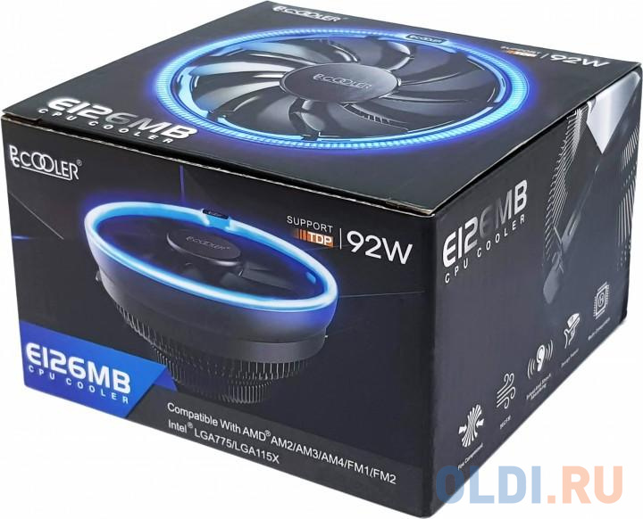 PCCooler E126MB Кулер S775/115X/AM2/2+/AM3/3+/AM4/FM1/FM2/2+ (TDP 92W, вент-р 120мм с PWM, Blue LED FAN, 1000-1800RPM, 26.5dBa) Retail Color Box {48} в Москвe