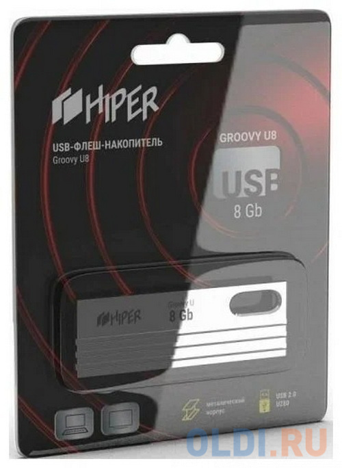 Флэш-драйв 8GB USB 2.0, Groovy U, сплав цинка, цвет титан, Hiper в Москвe