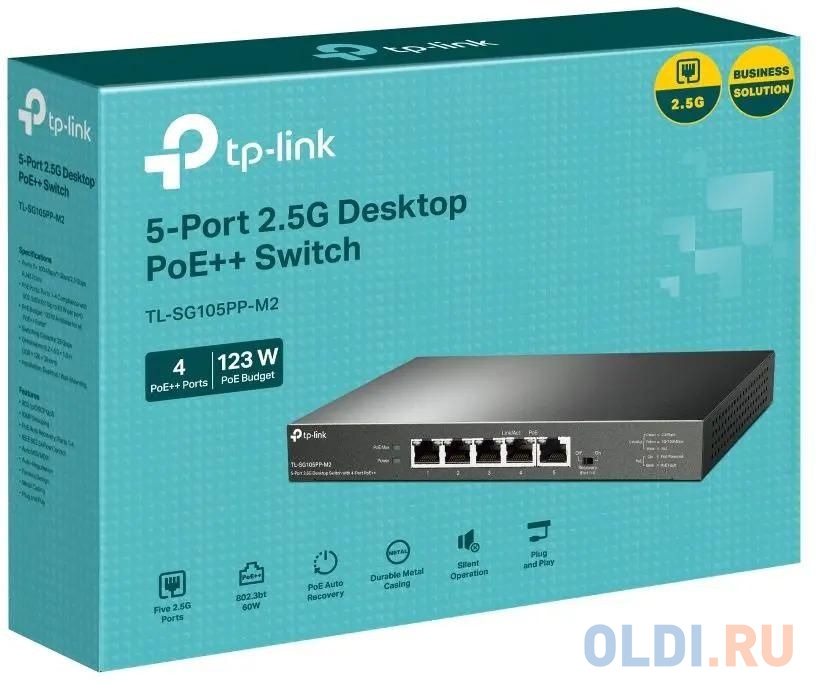 TP-Link TL-SG105PP-M2, Настольный коммутатор с 5 портами 2,5 Гбит/с (4 порта PoE++), 802.3af/at/bt 3-го типа, бюджет PoE — 123 Вт, стальной настольный