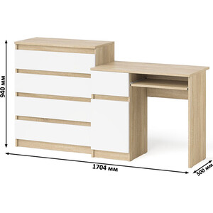 Комплект СВК Мори Стол компьютерный МС-1 левый + Комод МК800.4, цвет дуб сонома/белый