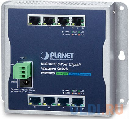 IP30, IPv6/IPv4, 8-Port 1000TP  Wall-mount Managed Ethernet Switch (-40 to 75 C), dual redundant power input on 12-48VDC / 24VAC terminal block and po