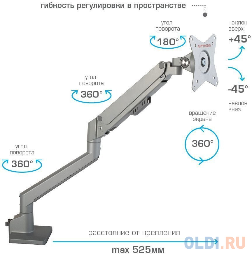 Кронштейн для мониторов Arm Media LCD-T35 серебристый 17"-34" макс.9кг настольный поворот и наклон верт.перемещ.