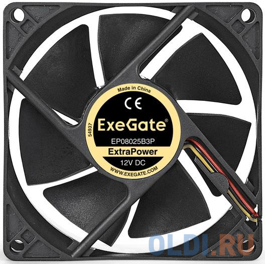 Exegate EX288925RUS Вентилятор ExeGate ExtraPower EP08025B3P (80x80x25 мм, 2-Ball (двойной шарикоподшипник), 3pin, 2400RPM, 26dBA)