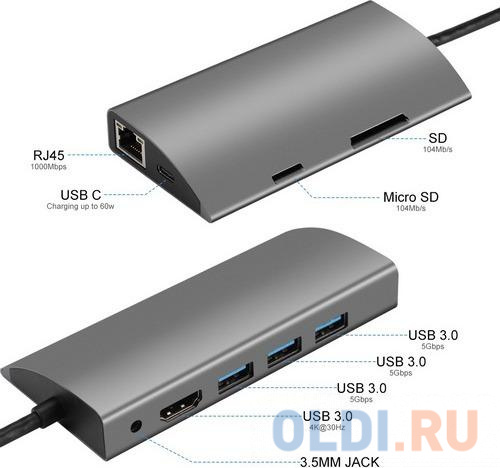 VCOM CU459 Адаптер Type-Cm --> RJ-45+2USB3.0(f) + PD100 Вт  Alum  Shell VCOM <CU459>