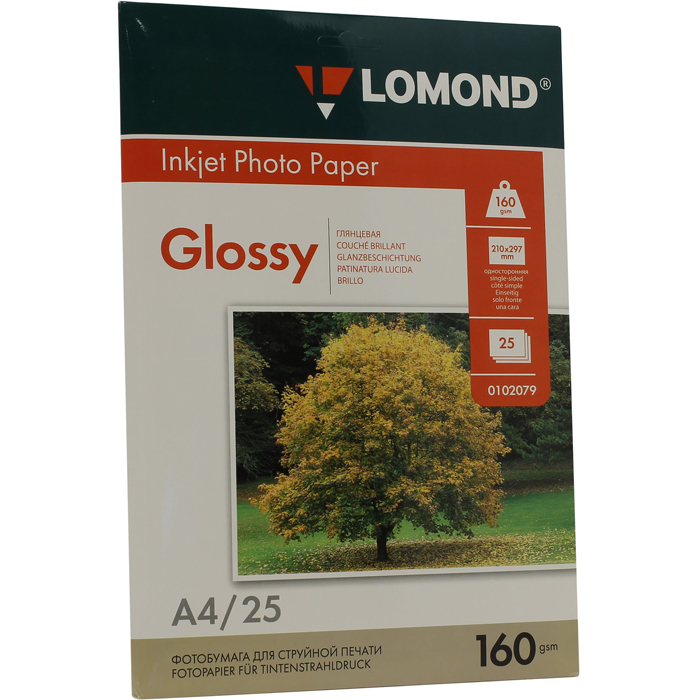 Фотобумага A4 160г/м2 глянцевая, 25 листов, односторонняя, Lomond 0102079 для струйной печати