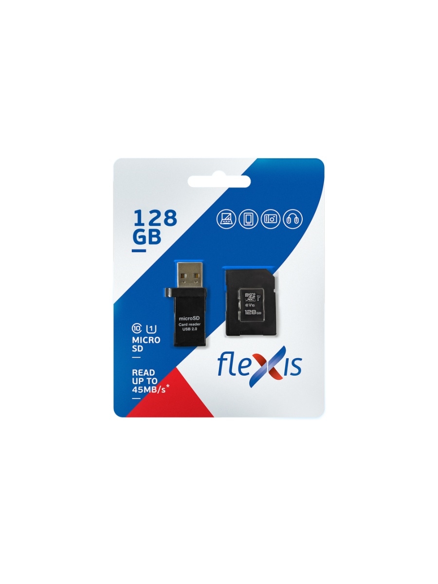 Карта памяти 128Gb microSDXC Flexis Class 10 UHS-I U1 + адаптер + USB reader (0) в Москвe