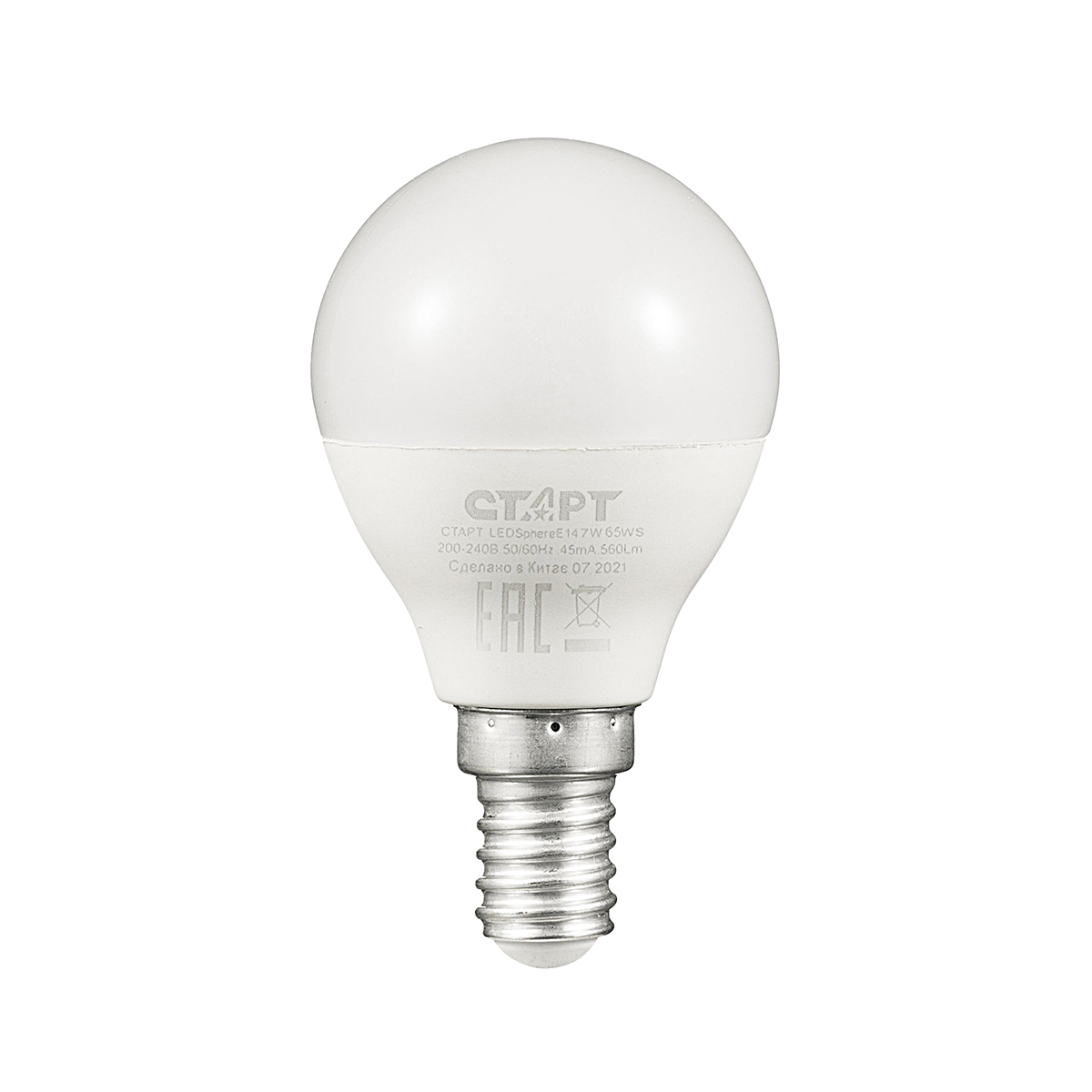 Лампа светодиодная E14 шар, 7 Вт, 6500 K / холодный свет, 560лм, 220 В, СТАРТ (4610116202975)