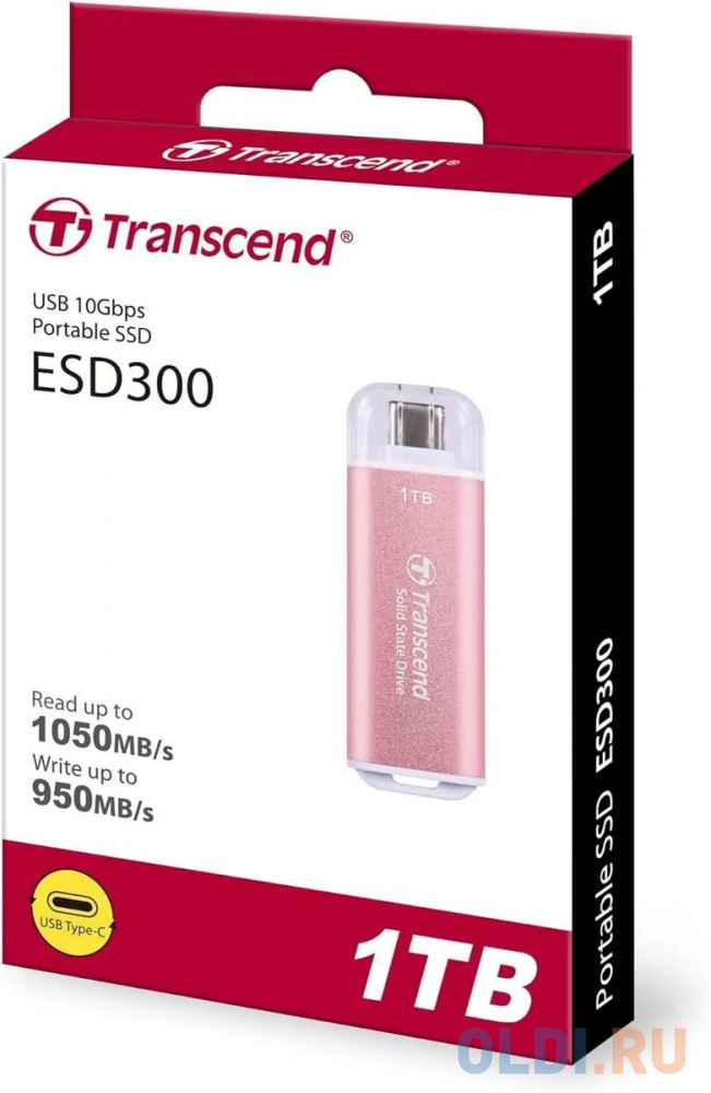 Внешний SSD External SSD Transcend 1.0Tb ESD300 <TS1TESD300P> (USB3.2 gen 2, Type C, 1050/950Mbs, 3D NAND, 60x20x7.8mm, 9g) розовый