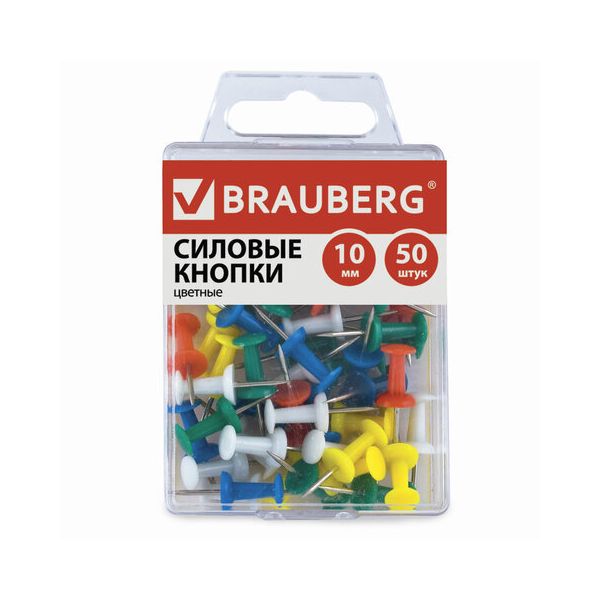 Силовые кнопки-гвоздики BRAUBERG, цветные, 50 шт., в пластиковой коробке, 221117, (8 шт.)