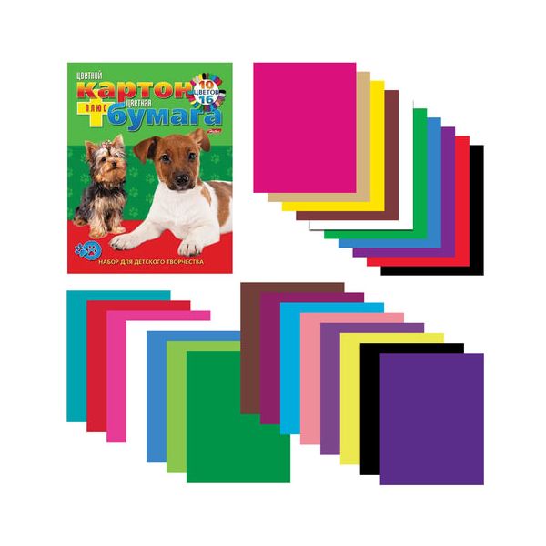 Набор цветного картона и бумаги А4 немелованные, 16 + 10 цветов склейка HATBER VK, 195х275 мм, Щенки, 26НКБ4к 05284, N133835, (10 шт.)