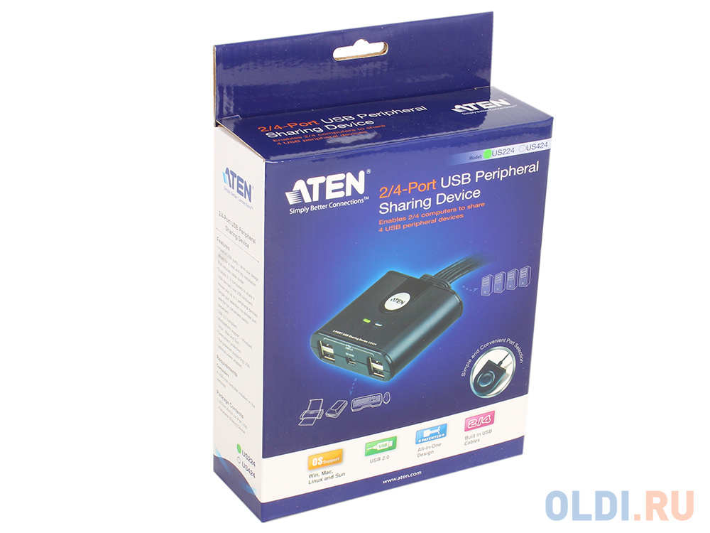 Переключатель ATEN KVM Switch  US224-AT KVM-переключатель, USB, 2 2 устройства/порта/port+клавитаура+мышь, 4 USB A Female/2 встроен. шнура A Male