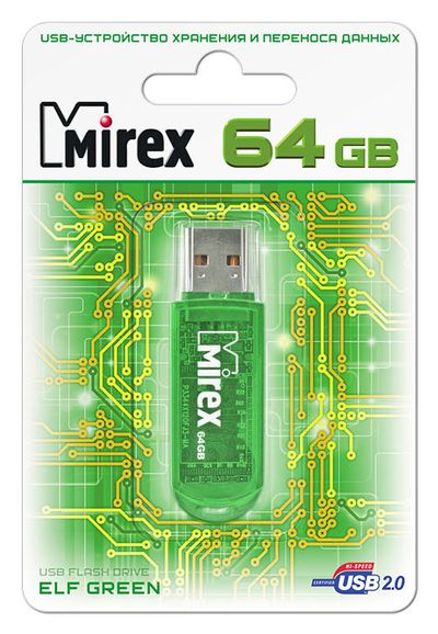 Флеш накопитель 64GB Mirex Elf, USB 2.0, Зеленый