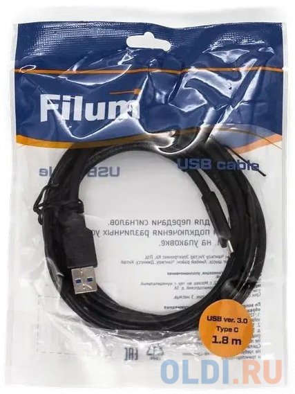 Filum Кабель USB 3.0, 1.8 м., черный, 3A, разъемы: USB A male- USB Type С male, пакет. [FL-C-U3-AM-CM-1.8M] (894179) в Москвe