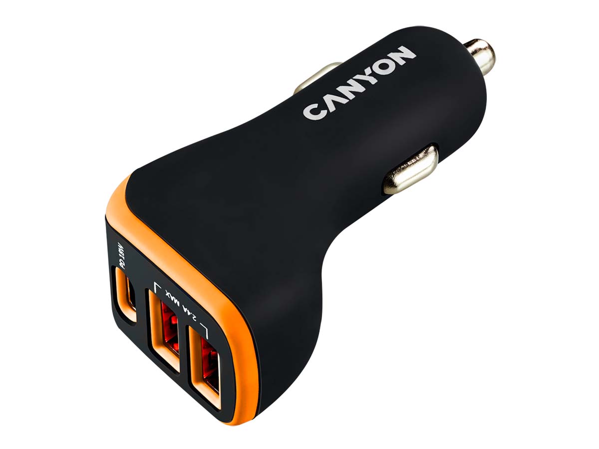 Автомобильное зарядное устройство Canyon С-08, до 18Вт, 2xUSB 2.4А, USB Type-C, Черный/Оранжевый CNE-CCA08BO