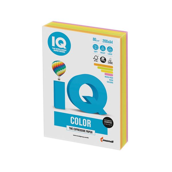 Бумага IQ color, А4, 80 г/м2, 200 л. (4 цв. x 50 л.), цветная неон RB04