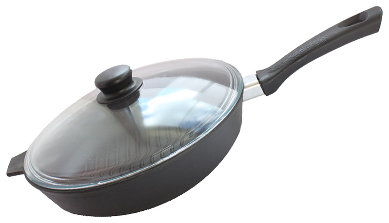 Сковорода Камская посуда 28 см, чугун, антипригарное покрытие, черный с крышкой (Г8062)