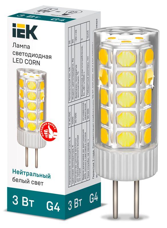 Лампа светодиодная G4, corn, 12В, 3Вт, 285лм, 4000K/нейтральный, 70-79Ra, Iek (LLE-Corn-3-012-40-G4)