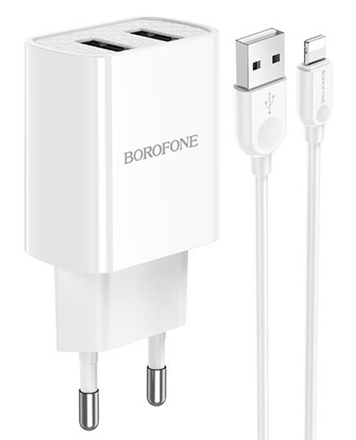 Сетевое зарядное устройство Borofone BA53A 15W, 2USB, 1.5A, белый, кабель Lightning