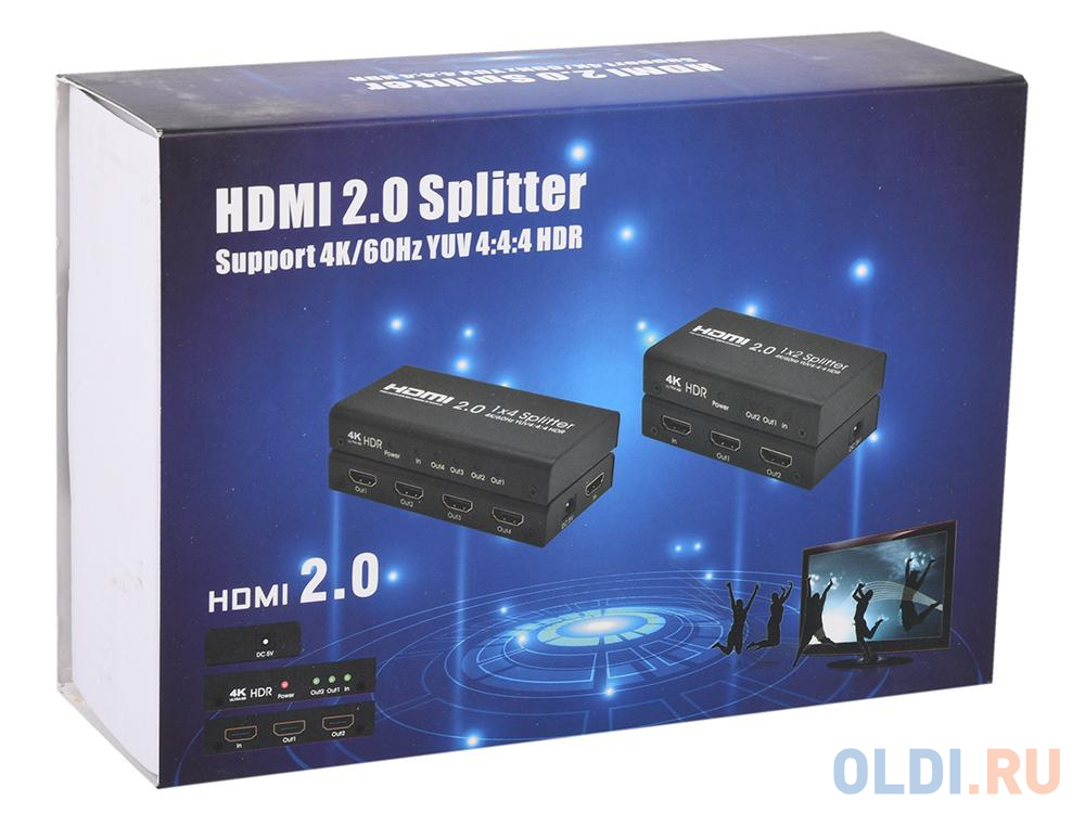 Разветвитель HDMI 4K Splitter ORIENT HSP0104HL-2.0, 1-4, HDMI 2.0/3D, UHDTV 4K/ 60Hz (3840x2160)/HDTV1080p, HDCP2.2, EDID управление, внешний БП 5В/2