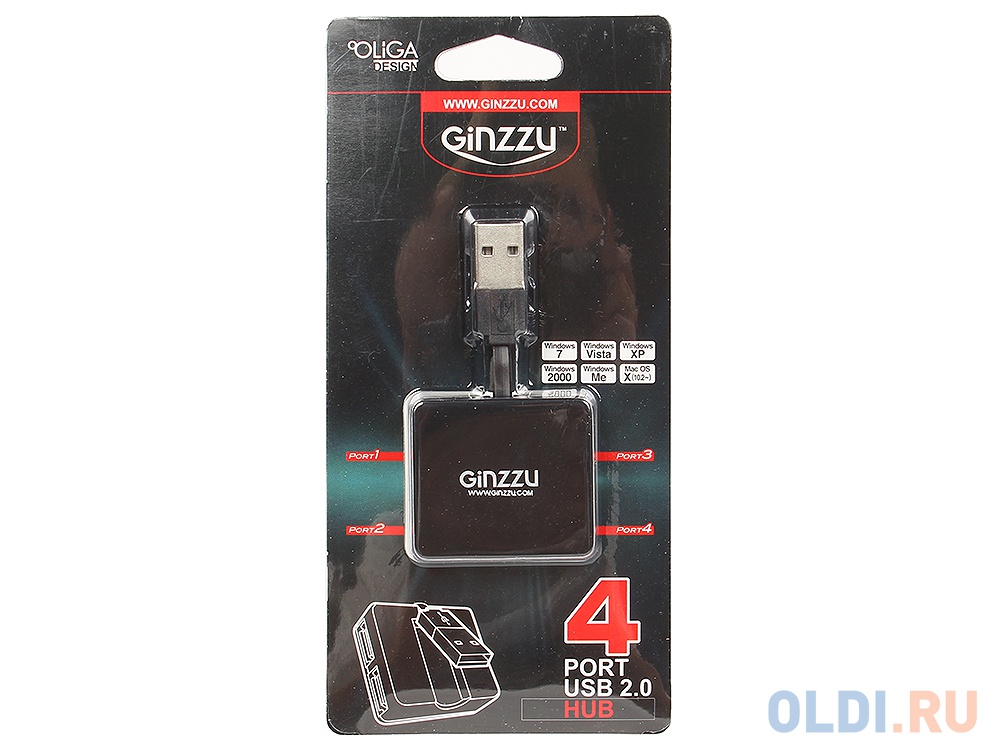 Концентратор USB 2.0 Ginzzu, 4 порта, черный (GR-414UB)