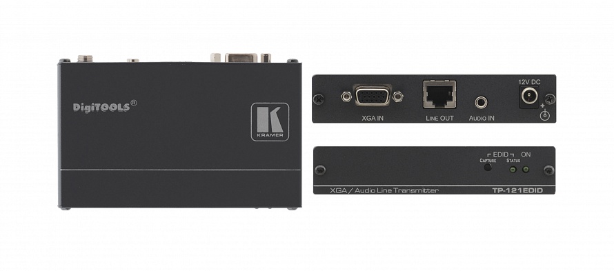 Передатчик по витой паре Kramer TP-121EDID, видео VGA, 1920x1080 до 100м, передатчик сигналов VGA и звуковых стерео (аналог и S/PDIF) сигналов в витую пару (TP) с эмулятором источника данных EDID, совместим с HDTV, длина линии передачи - 100м, Power Conne