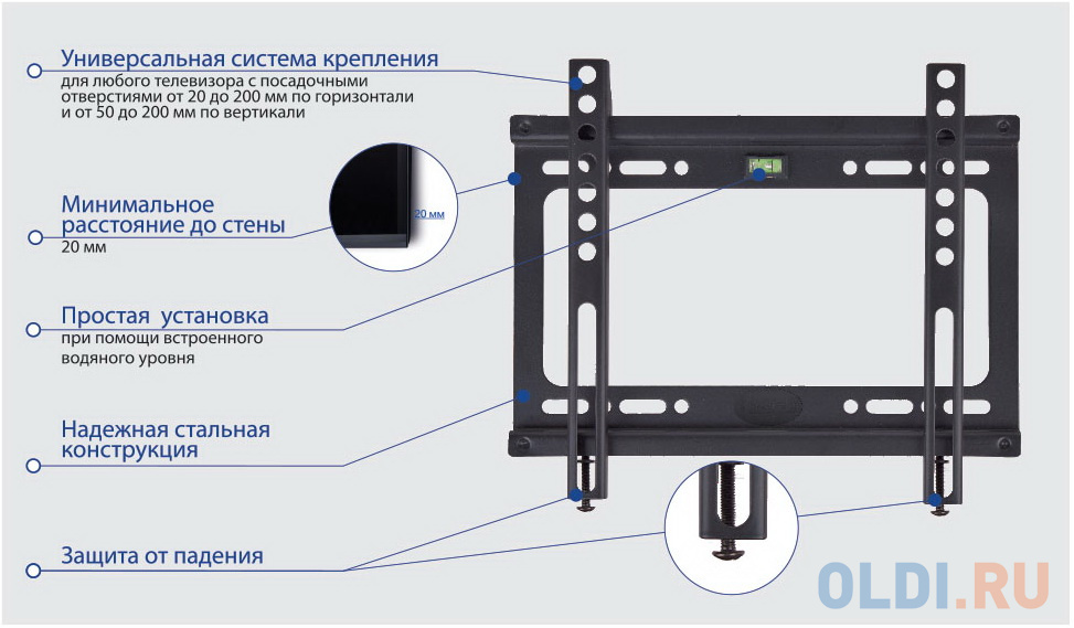 Кронштейн Kromax IDEAL-5 new Black, для LED/LCD/ TV 15"-47", max 35 кг, настенный, 0 ст свободы, от стены 20 мм, max VESA 200x200 мм, тонкий