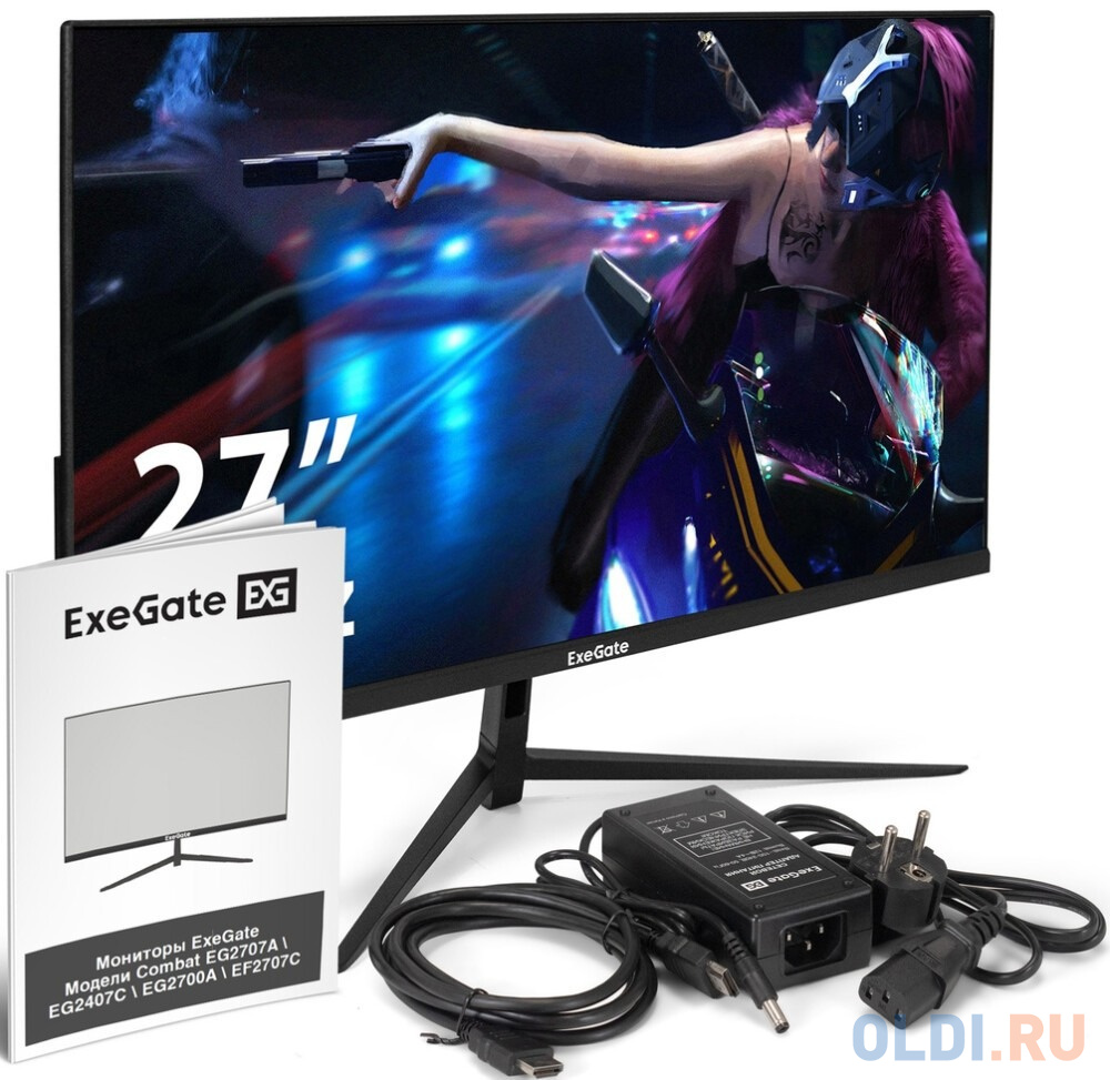 Монитор игровой 165 Гц 27" ExeGate Combat EF2707C (IPS LED Grade A+, FHD, 1920x1080@165Гц, 16:9, 300cd/m2, 1000:1, 178°/178°, 1ms, HDMI, DisplayP