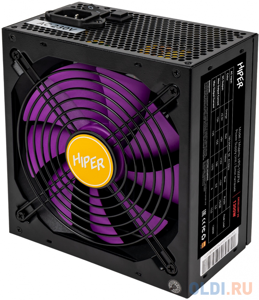 блок питания для ПК 1300 Ватт/ PSU HIPER HPG-1300FM (1300W, Gold 14cm Fan, 220V input, Efficiency 93%, Modular, Black)BOX