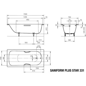 Стальная ванна Kaldewei Saniform Plus Star 331 150x70 см, с отверстиями для ручек (133100010001)