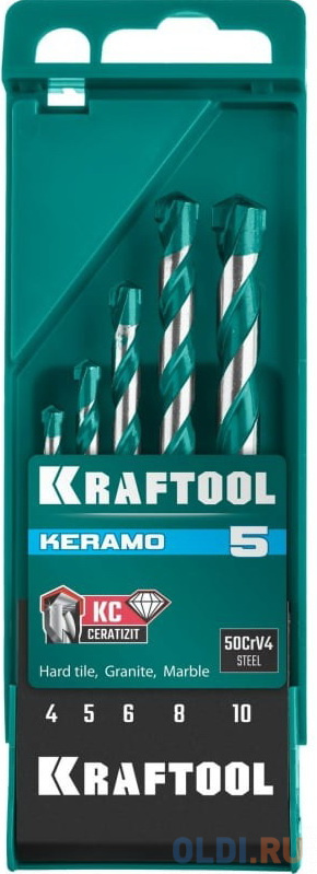 KRAFTOOL KERAMO 5 шт: 4-5-6-8-10 мм набор сверл по керамограниту с твердосплавной пластиной