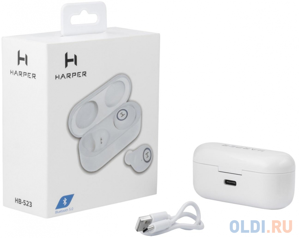 Наушники HARPER HB-523 white, BT 5.0,беспроводные, Встроенный микрофон, Сенсорное управление, Частотный диапазон 20 Гц-20 КГц, Сопротивление: 16 Ом, Ч в Москвe