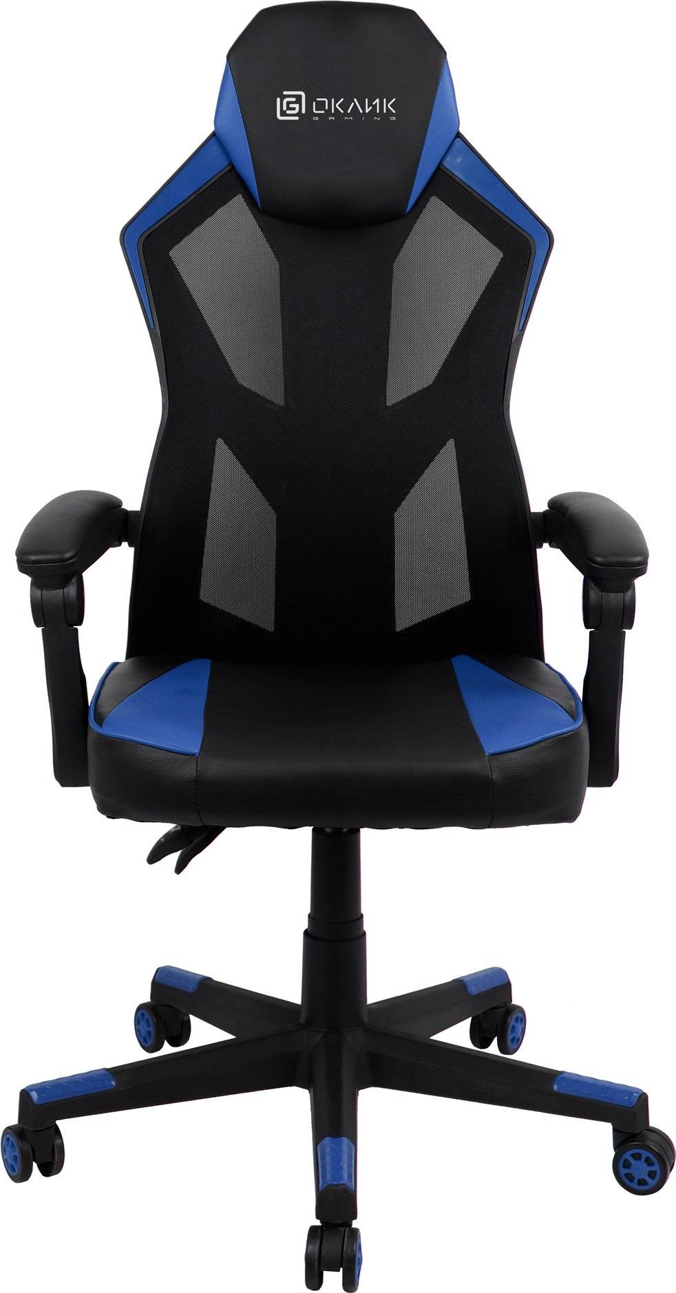 Кресло игровое Оклик 121G, обивка: искусственная кожа/сетка, цвет: черный/синий/черный/синий