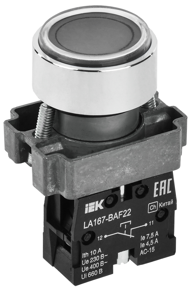 Кнопка плоская без фиксации 22 мм 1NC, черный, IEK LA167-BAF22 (BBT20-BAF22-2-22-67-K02)