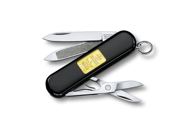 Нож-брелок Victorinox Classic с золотым слитком 1 гр, 58 мм, 7 функций, черный