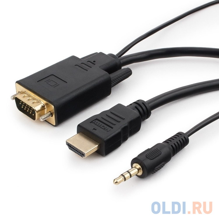 Кабель HDMI-VGA Cablexpert, 19M/15M + 3.5Jack, 1.8м, черный, позол.разъемы, пакет