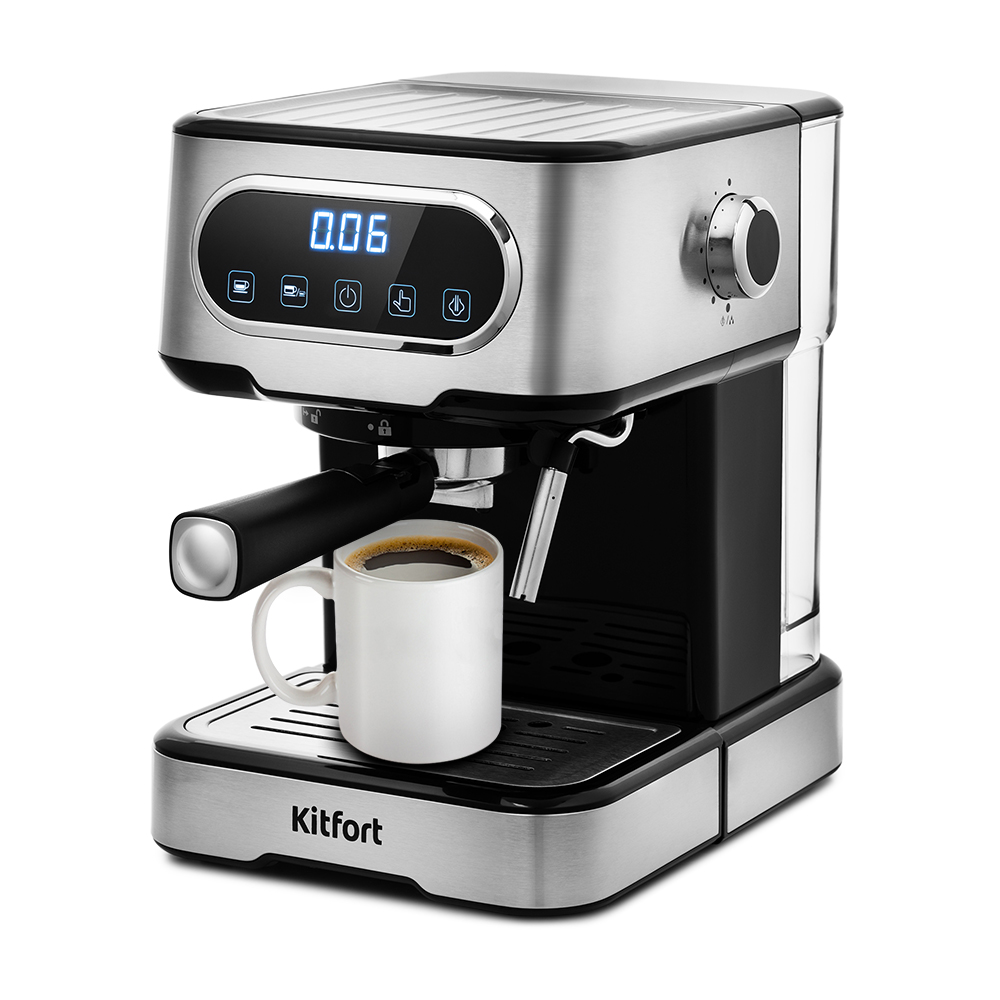 Кофеварка капельная Kitfort KT-765, 1.1 кВт, кофе молотый, 1.5 л, ручной капучинатор, дисплей, серебристый/черный (1532836)