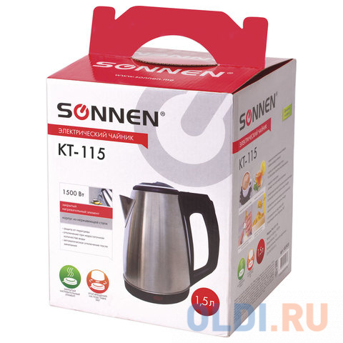 Чайник электрический Sonnen KT-115 1500 Вт серебристый 1.5 л нержавеющая сталь