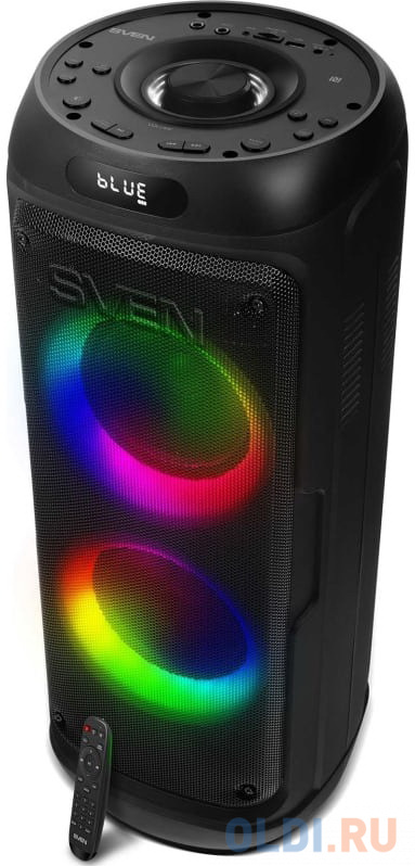 Мобильные колонки SVEN PS-770 2.0 чёрные (2x50W, mini Jack, USB, Bluetooth, FM, micro SD, NFC, LED-дисплей, ПДУ,  4400 мA, LED подсветка)